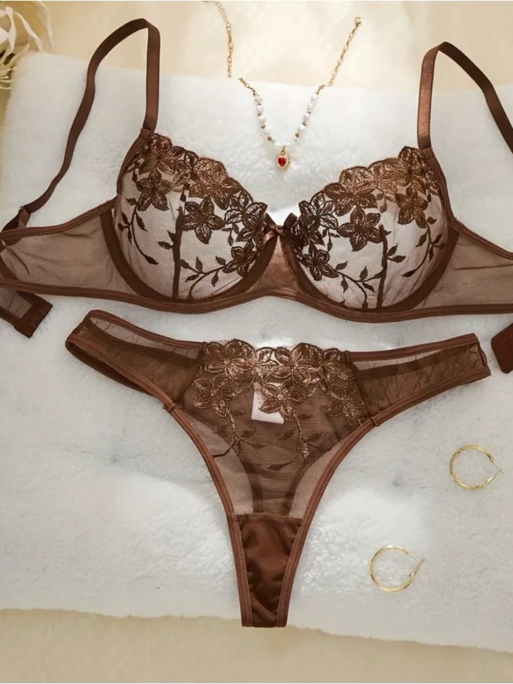 Sheer Floral Lace Underwire Bra & Thong Set - Brown